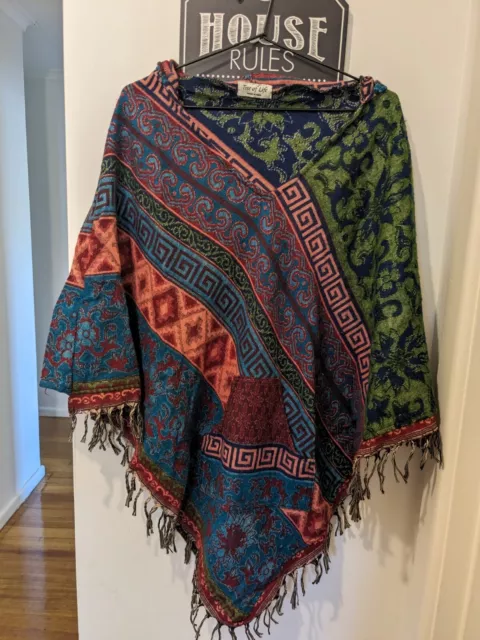 Tree Of Life Poncho Shall Womens One Size Multicoloured Geometric Tasseled Trim