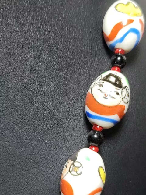 Vintage Chinese Export Necklace Hand Painted Large Porcelain Beads Clown Faces 3