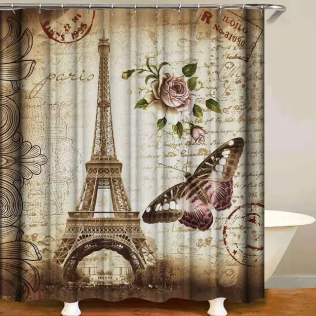 Paris Shower Curtain Brown Vintage Eiffel Tower Bathroom Curtains with 12