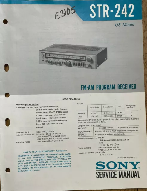 Sony Str-242 Fm-Am Program Receiver Original Service Manual