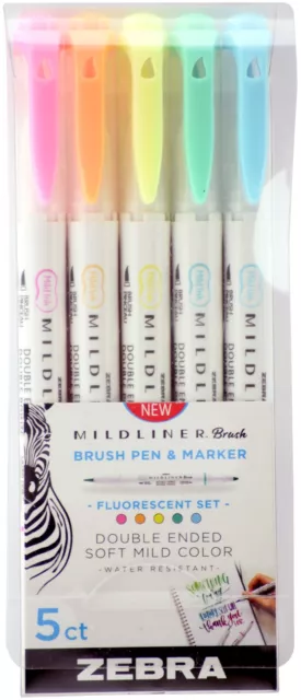 Zebra Mildliner Double Ended Brush Pen &amp; Marker 5/Pkg-Fluorescent