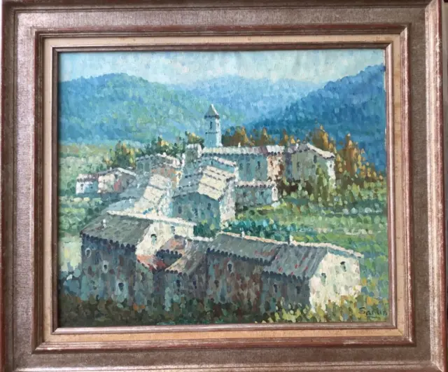 Early 20th Century Pointillism Landscape at Corsica Village Oil on Canvas Signed