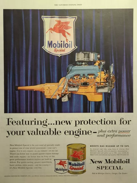 Vintage Print Ad 1952 Mobiloil Special Motor Oil Red Pegasus Winged Horse Garage