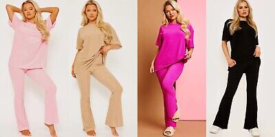 Women Ribbed Knitted Baggy 2 Pieces Lounge Wear Casual Set Ladies Suit Tracksuit