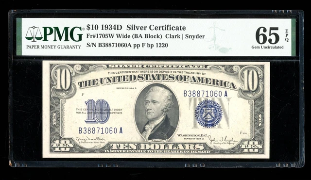 DBR 1934-D $10 Silver Wide Gem Fr. 1705W PMG 65 EPQ Serial B38871060A