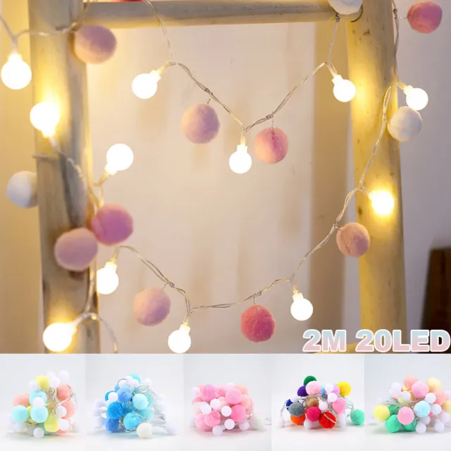 2M 20LED Globe Ball Fairy Lights Kids Room Decor Colorful Pom Pom String Lights