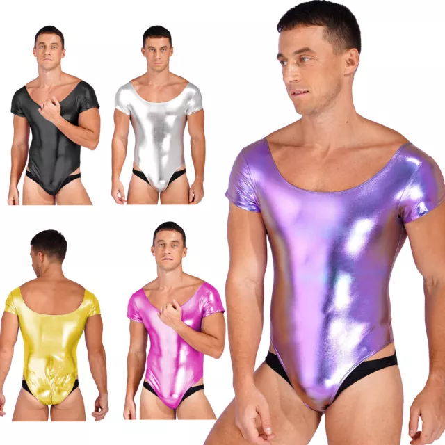 Men Shiny Metallic Bodysuit Dancewear High Cut Thong Leotard Swimsuit Clubwear