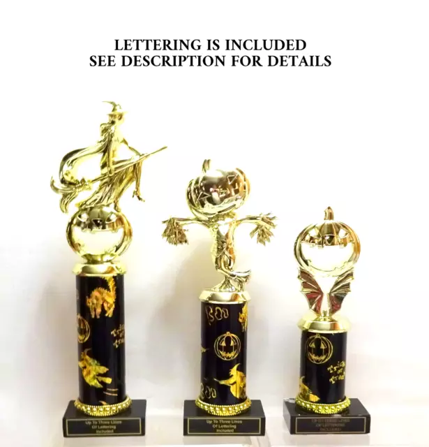 Set Of 3 Halloween Trophies Witch, Scarecrow, Pumpkin, ..Black Hologram