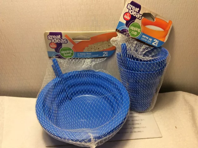 KIDS SIPPING CUPS & SIPPING BOWLS SET OF 4 PIECES New in bag w/tag ROYAL BLUE