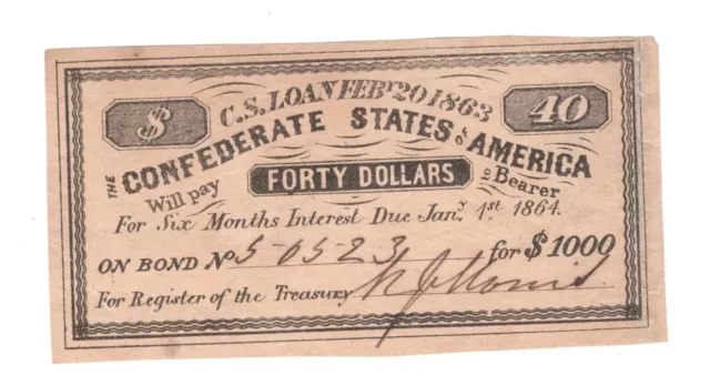 Original 1863 Confederate Bond Coupon $40.00