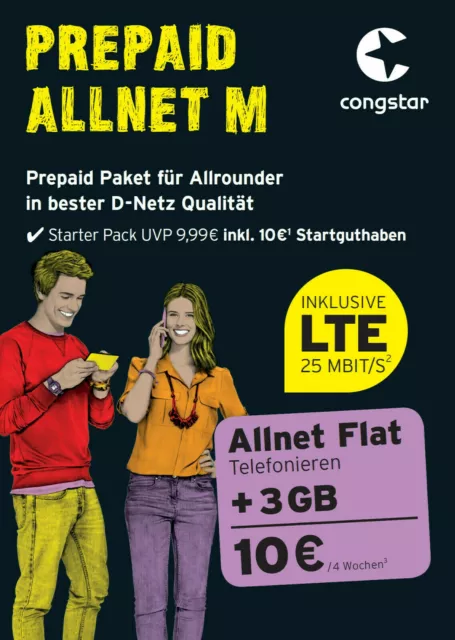 Congstar Allnet M 10 € Guthaben 3 GB Flat Handy Prepaid SIM Karte t-mobile D1
