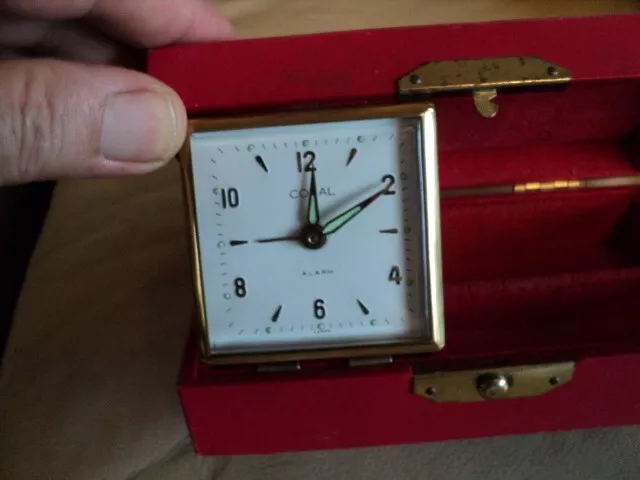 Vintage Rare Japan made windup Coral folding alarm clock -Trinket Box Working