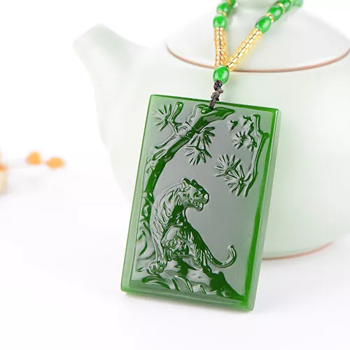 Green Natural Jasper Pendant tiger  jade statue Hand Carving Jewelry Necklace