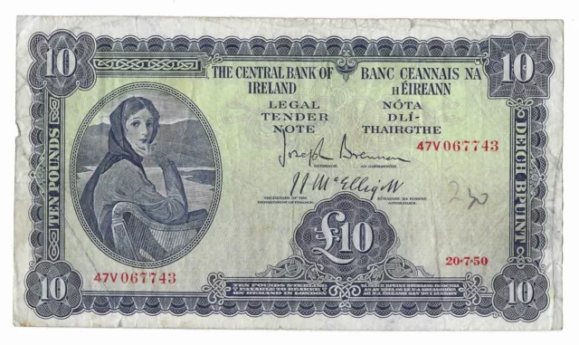 Éire Central Bank of Ireland £10 Banknote Lady Lavery 20-7-50 Brennan & Elligott