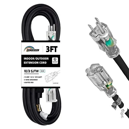 3FT Lighted Outdoor Extension Cord - 10/3 SJTW Heavy Duty Black Extension Cab...
