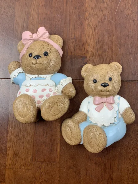 vintage set of 2 nursery bears in bows wall hanging by burwood 3312 made in USA