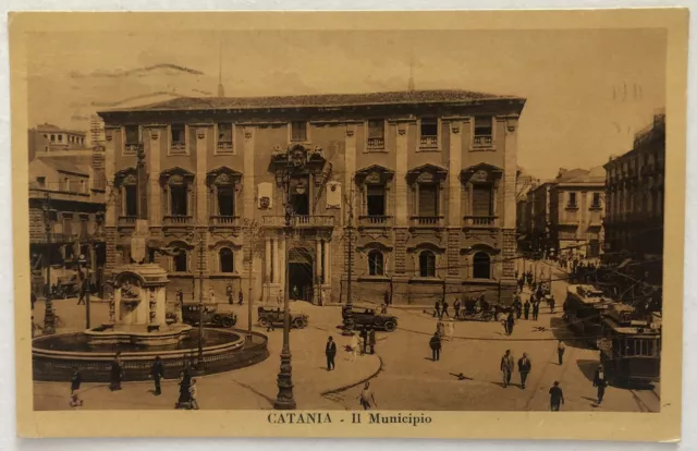 Cartolina Catania municipio animata negozi tram automobile paesaggistica T14