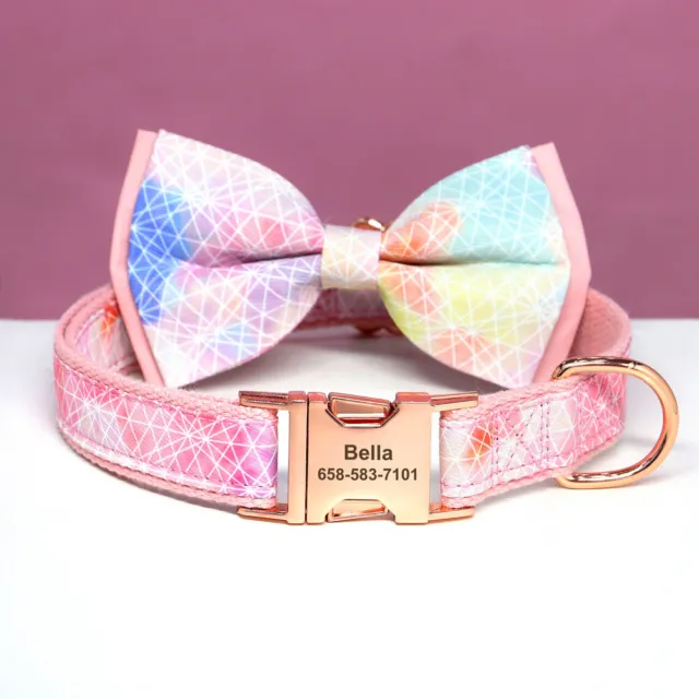 Cute Customized Dog Collar with Bowtie Personalized Pet Puppy ID Name Floral S L 3