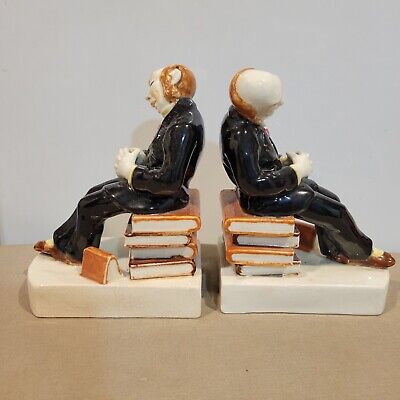 Vintage Pair of Handpainted Ceramic Old Sleeping Librarian Bookends Japanese.
