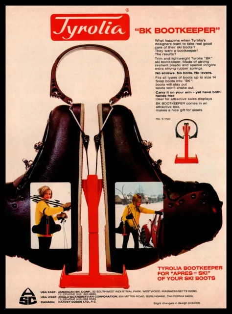 1970 Volkswagen Beetle Tyrolia Ski Boot "BK Bootkeeper" Vintage VW Bug Print Ad