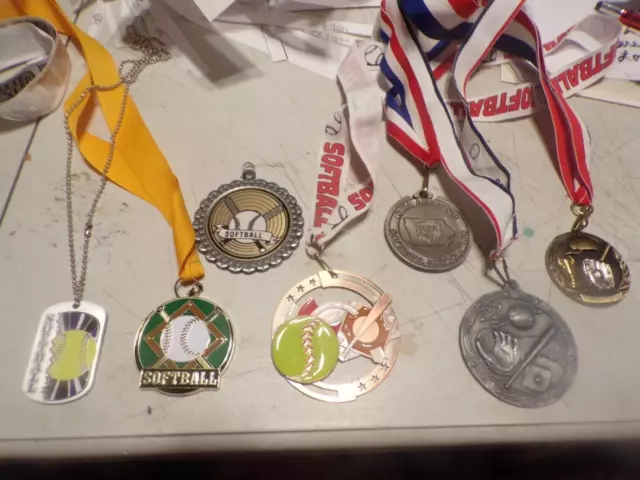 lot of GIRLS SOFTBALL RIBBONS/ MEDALS - pewter, enamel, etc lot #1