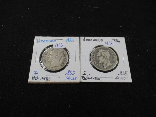 1929=36 Venezula  2 Bolivar .835 Silver Coins Very Hi Grade= #43