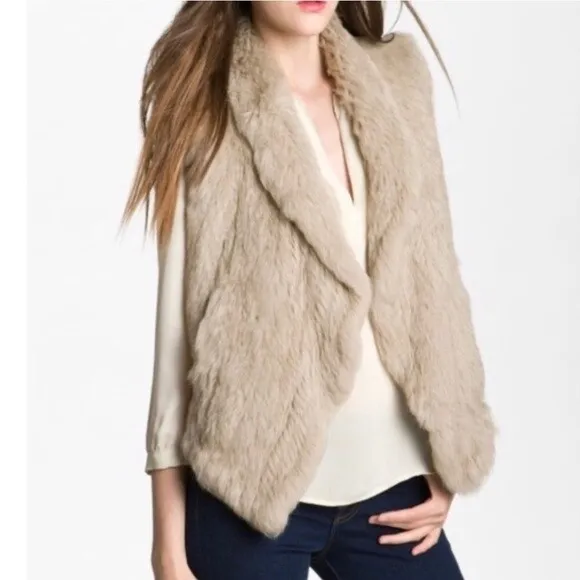 June  Revolve Vest Beige Rabbit Fur Open Front Draped Vest Size Small