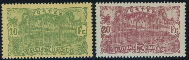 FRANZÖSISCH-GUYANA 1924, 10 Fr. grün auf gelb und 20 Fr. lilakarmin, postfrisch
