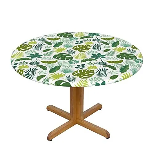 Tropical Green Leaves Round Tablecloth Fitted Table Cover with Elastic Edge M...