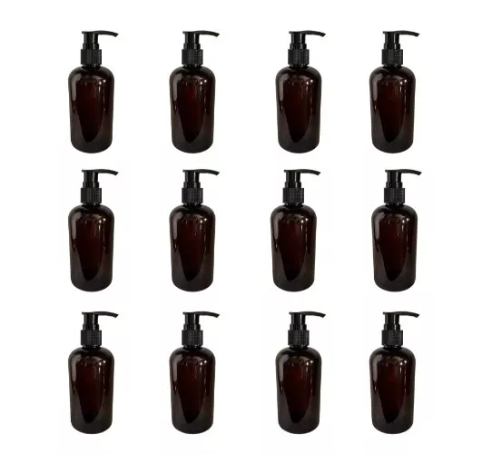 8 oz Dark Amber PET Boston Round (Bulk) 24/410 neck - 12 Bottles & Pumps