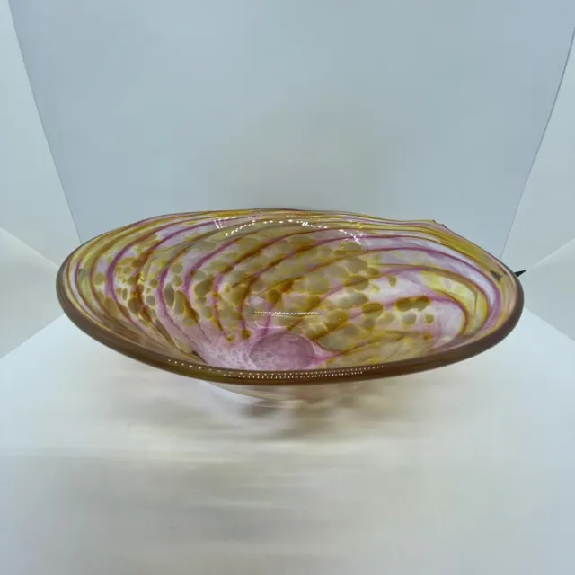 Hand Blown Art Glass Bowl With Orange And Red Swirls And Speckles