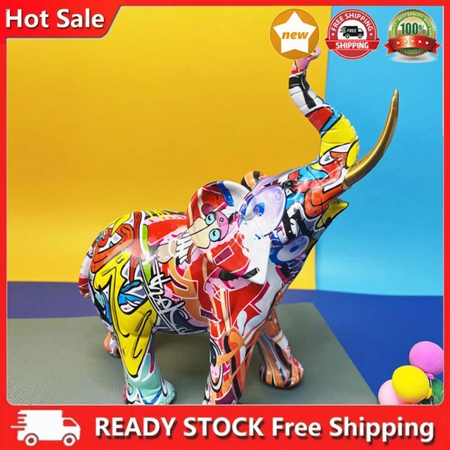 Resin Painting Graffiti Elephant Figurine Handicrafts Colorful for Wine Cabinet