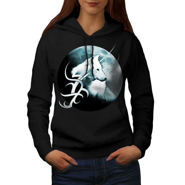 Felpa con cappuccio donna Wellcoda Lone Wolf Moon Art, felpa con cappuccio solitaria casual
