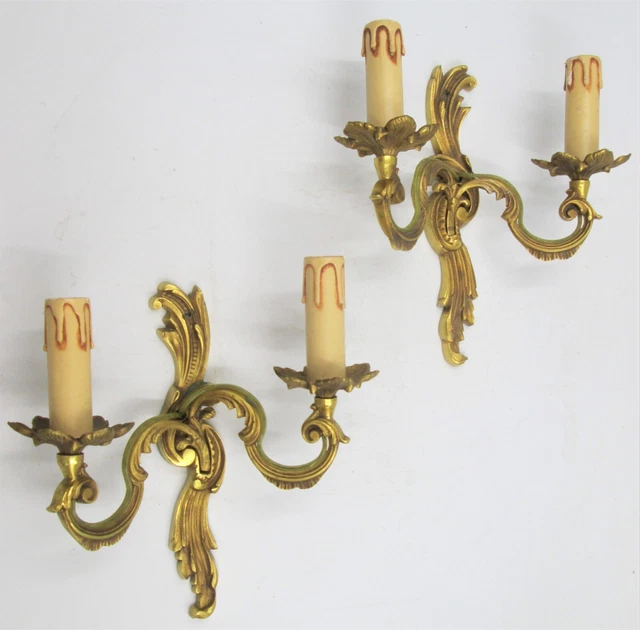 French PAIR SOLID BRONZE LUCIEN GAU WALL LIGHTS SCONCES Louis XV Style