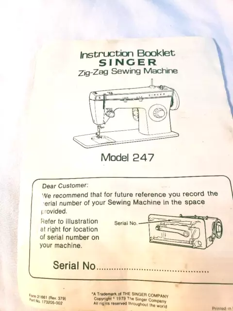 Instruction Booklet Singer Zig Zag Sewing Machine Model 247