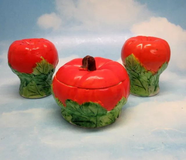 3pc BIG TOMATO Salt, Pepper and Sugar Bowl MCM  Holt Howard Era