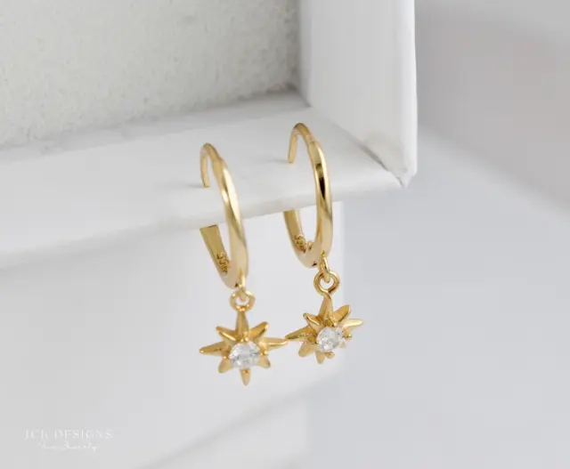 Minimalist Star Hoop Earrings | Sterling Silver Gold Plated | Sparkling Stars