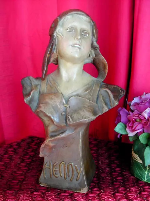 ART NOUVEAU BUSTE DE JEUNE FEMME Statue vers 1900 signé C. HOCBÖCK Ancien Rare