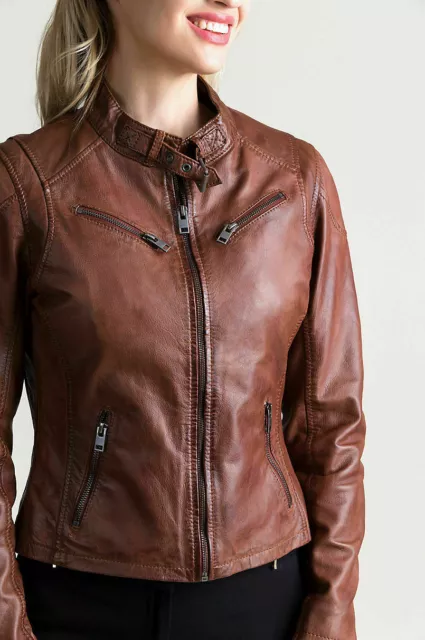 Woman Slim Fit Brown Genuine Real Leather Designer Biker Jacket