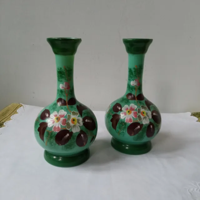 Pair Victorian  Glass Vases- Green Opaline - Colourful Flowers Hand-Painted