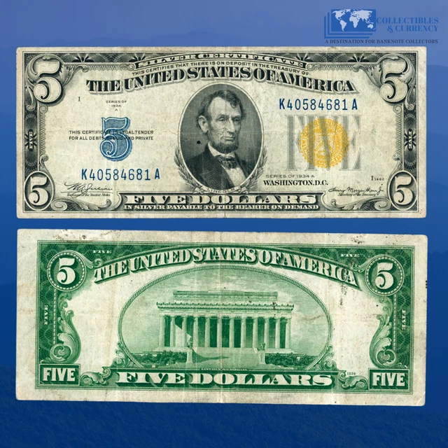 Fr.2307 1934A $5 Silver Certificate Yellow Seal "North Africa", VF #84581
