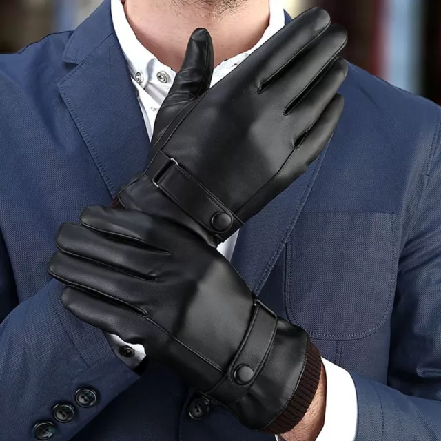 Mens Winter Thermal Faux Fur Lined Touch Screen Black Pu Leather Gloves Driving