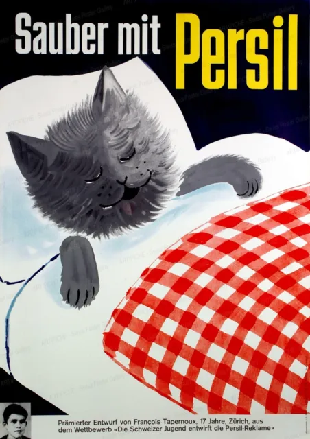 SLEEPY CAT Original 1954 vintage poster, Persil Clean Laundry Ad, Switzerland