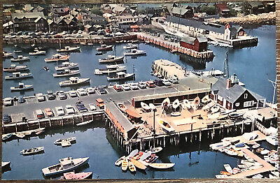 Postcard Aerial View Rockport Harbor Bearskin Neck Boats Old Cars Cape Ann MA B3