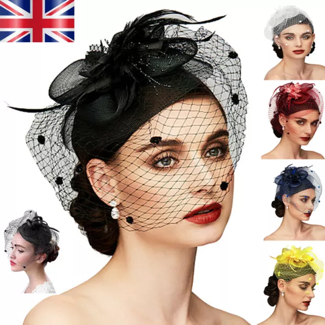 Women Ladies Fascinator Hat with Veil Wedding Hat Party Hat Pillbox Hat Bowler -