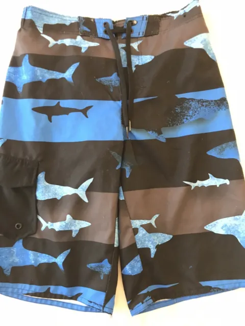 Hang Ten Blue Shark Swim Suit Board Trunks Shorts Boys Size 10 / 12 Medium