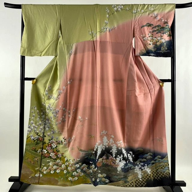Japanese kimono  "HOUMONGI",  Gold /Silver, Heian Beauty, Plants,L5' 3"..3180