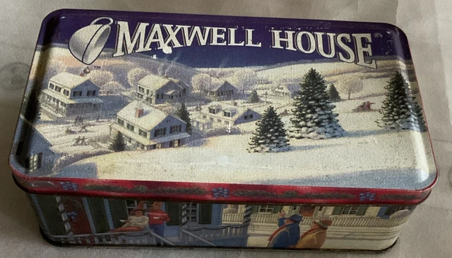 Maxwell House Coffee Holiday Tin 1997 Winter Scenes Christmas 8x5x3"
