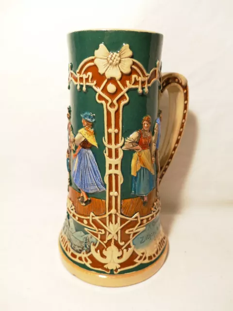 Jugendstil um 1900 Bierkrug Bierseidel Steingut polychrom 0,5l bayerisch Humpen