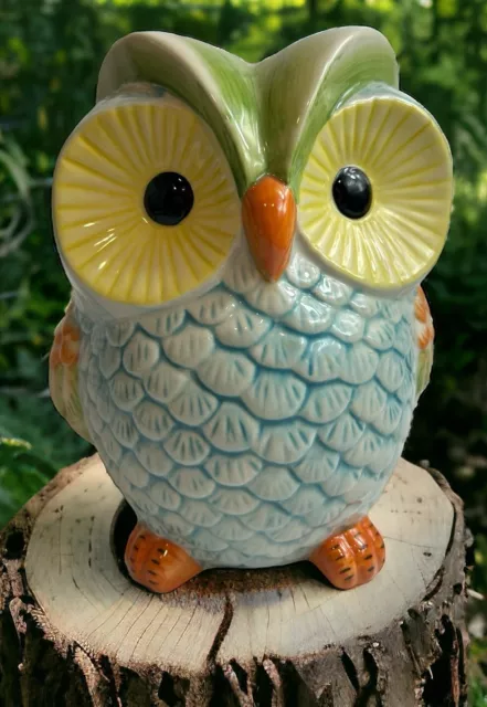 Big Eyed Ceramic Owl Piggy Bank Beautiful Colors 8 in Hold Lots Of Coin!